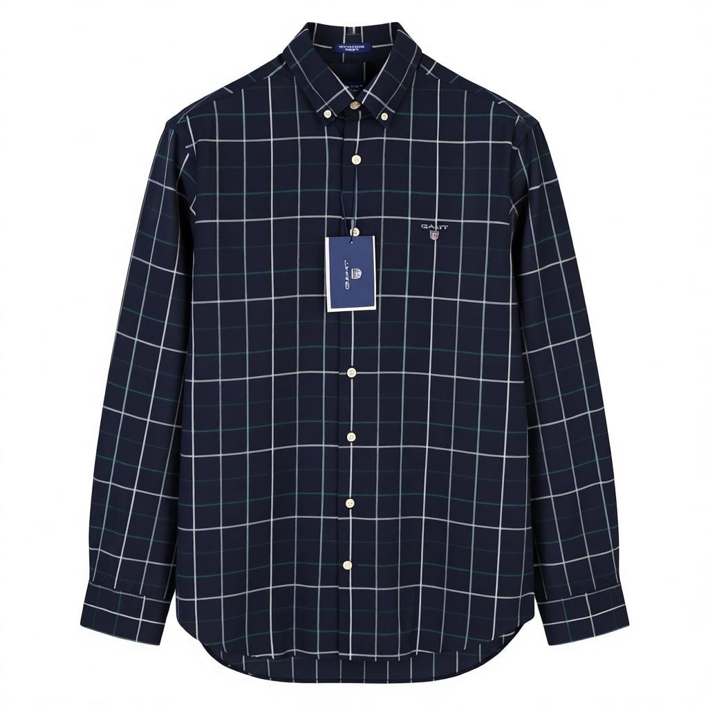 GANT Tech Prep Oxford Check Men Shirt M Navy Regular Button-Down Neck Casual