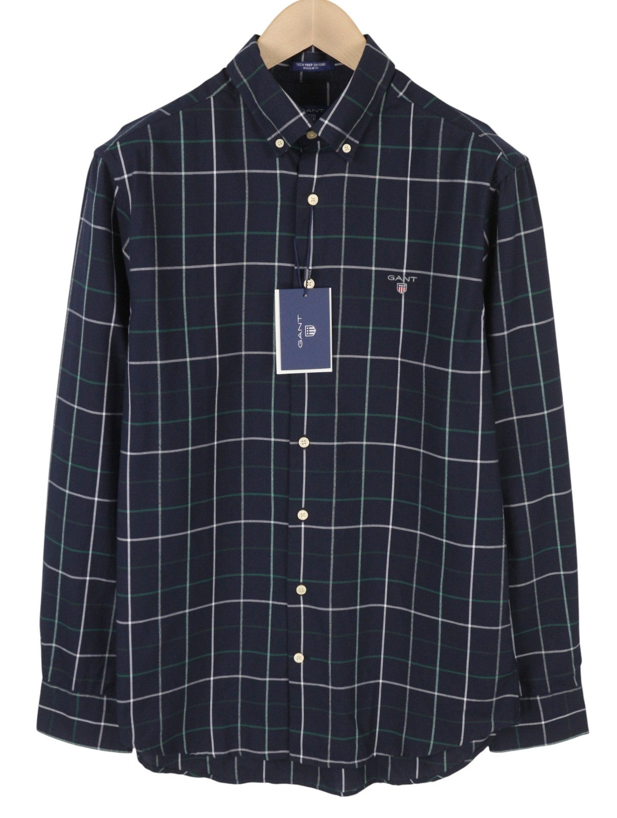 GANT Tech Prep Oxford Check Men Shirt M Navy Regular Button-Down Neck Casual