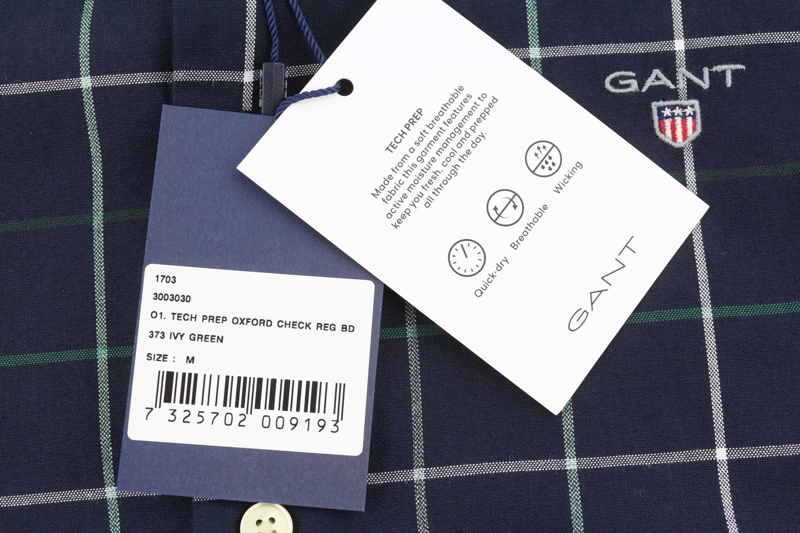 GANT Tech Prep Oxford Check Men Shirt M Navy Regular Button-Down Neck Casual