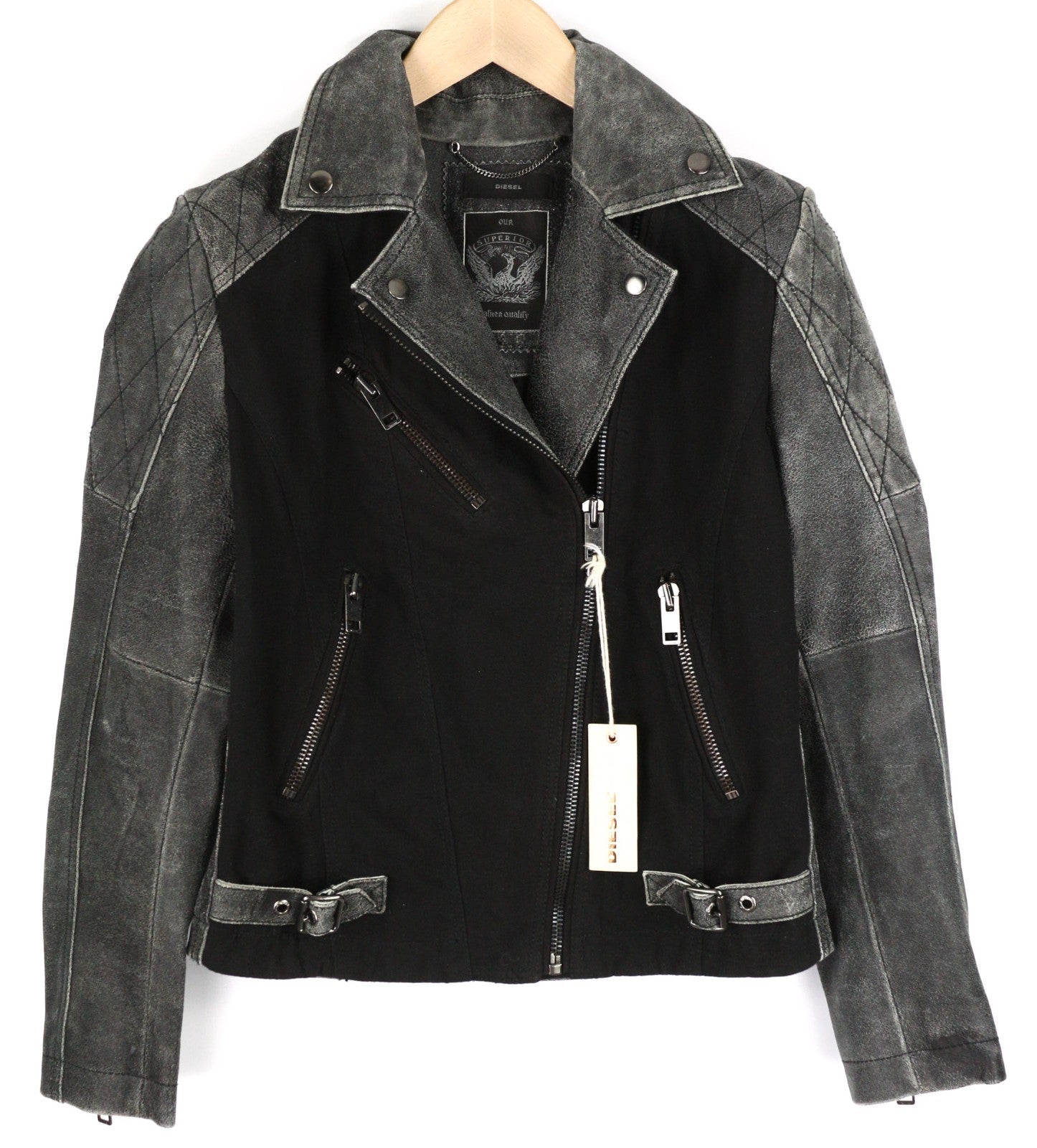 DIESEL L-Dada moteriška striukė S, juoda, skalbtos ožkos odos, asimetrinė, užtrauktuku, RRP410 