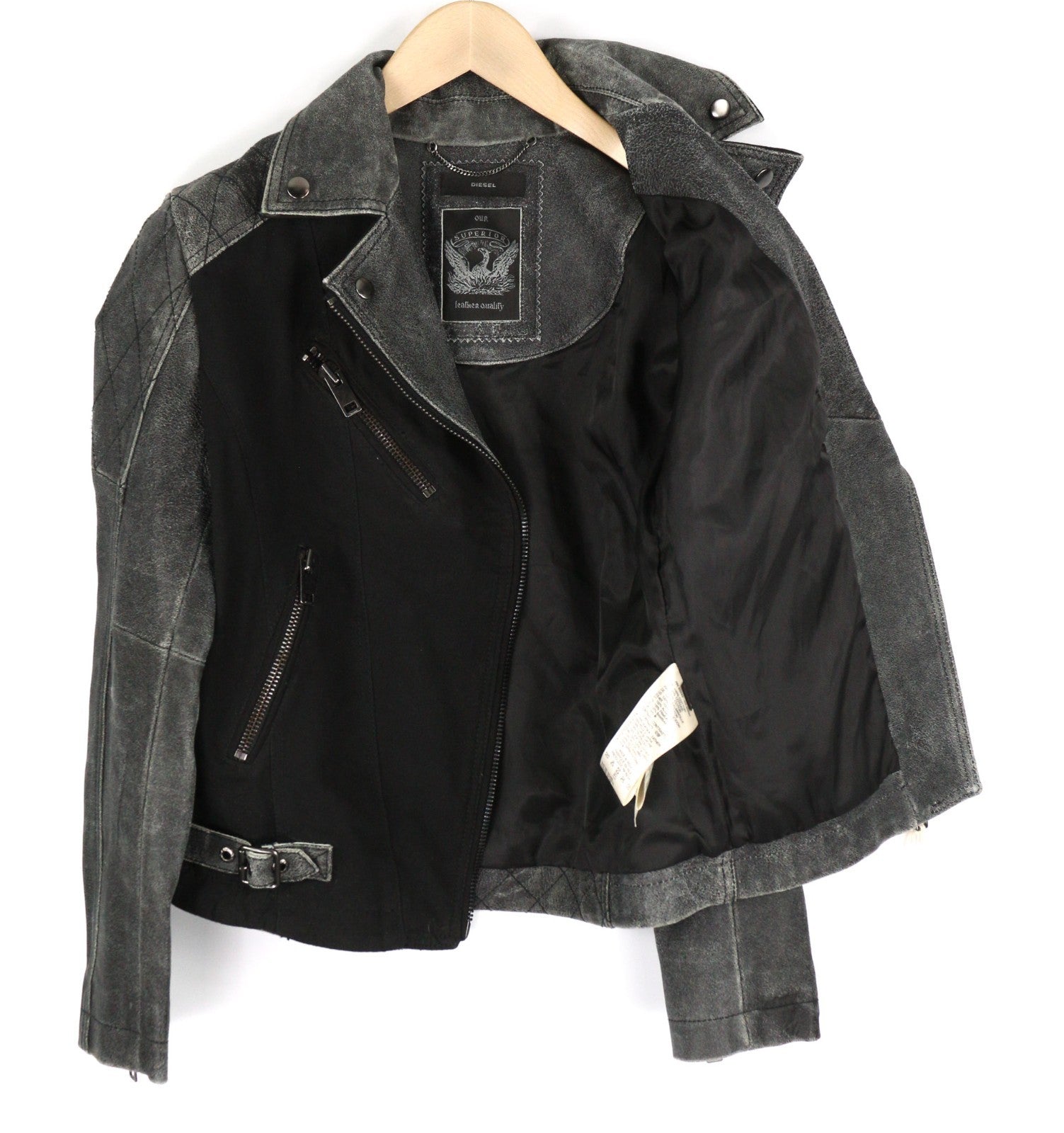 DIESEL L-Dada moteriška striukė S, juoda, skalbtos ožkos odos, asimetrinė, užtrauktuku, RRP410 