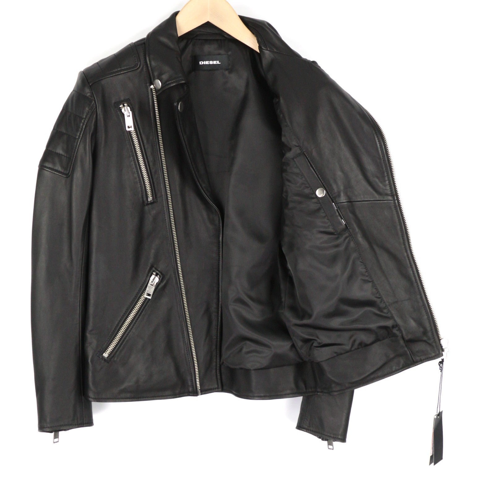 DIESEL R-Pusmir Men Jacket S Black Sheep Leather Lined Asymmetric Zip Detail