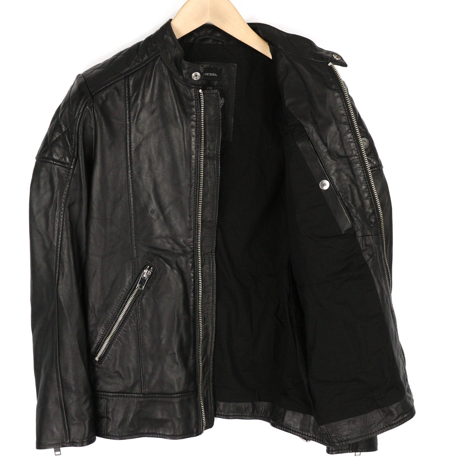 DIESEL L-Marton Men Jacket S Black Leather Lightweight Band Neck Zip Jacket