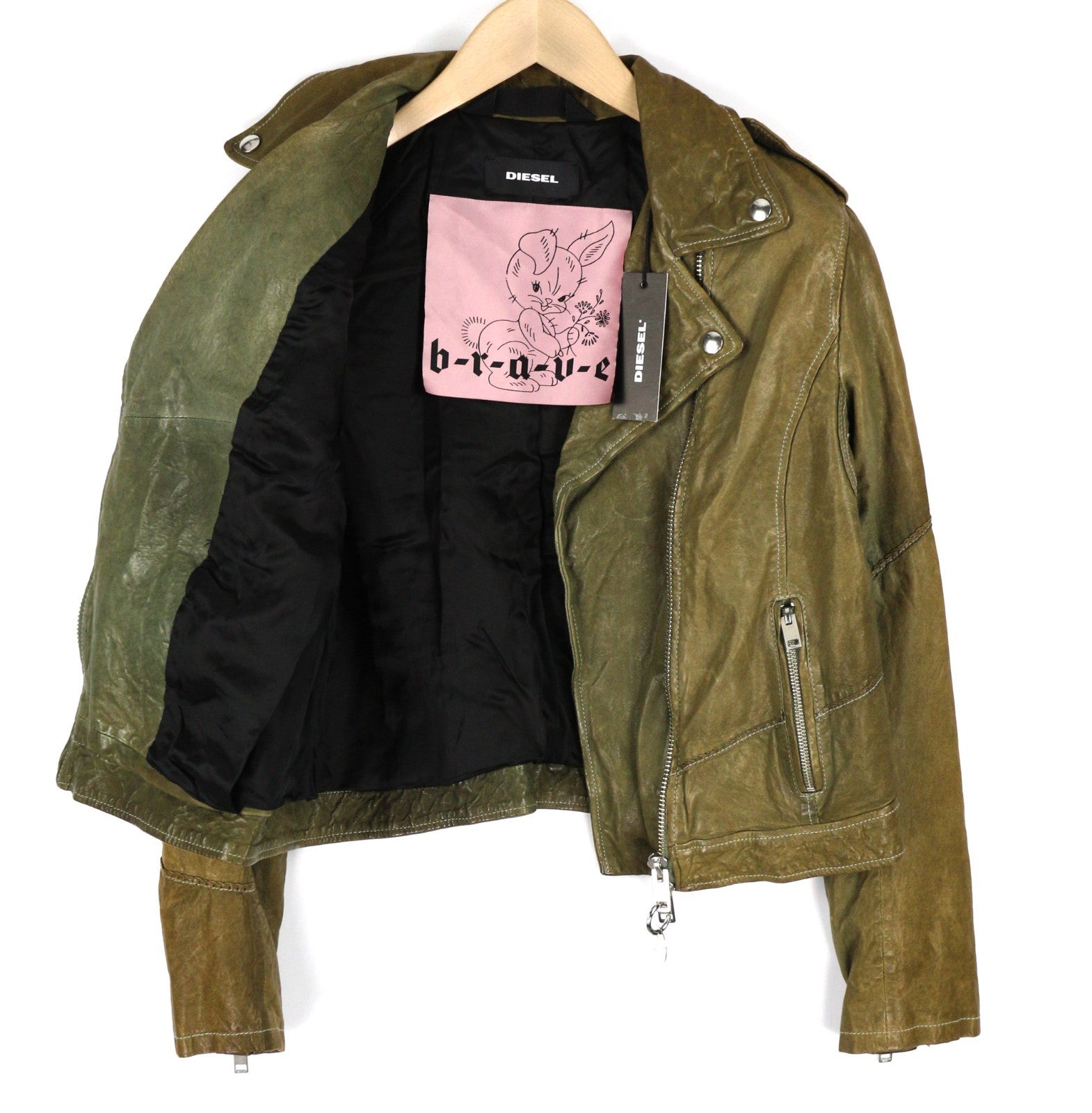 DIESEL R-Sery moteriška striukė L dydžio ėriuko odos asimetrinė užtrauktuku su įpjova apykakle 