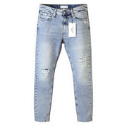 CALVIN KLEIN Slim vyriški džinsai W32/L30 Blue Faded Whiskers Distress Ripped Denim