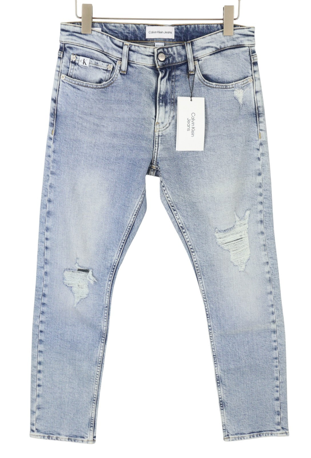 CALVIN KLEIN Slim vyriški džinsai W32/L30 Blue Faded Whiskers Distress Ripped Denim