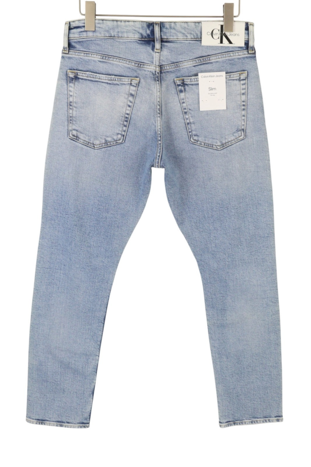 CALVIN KLEIN Slim vyriški džinsai W32/L30 Blue Faded Whiskers Distress Ripped Denim