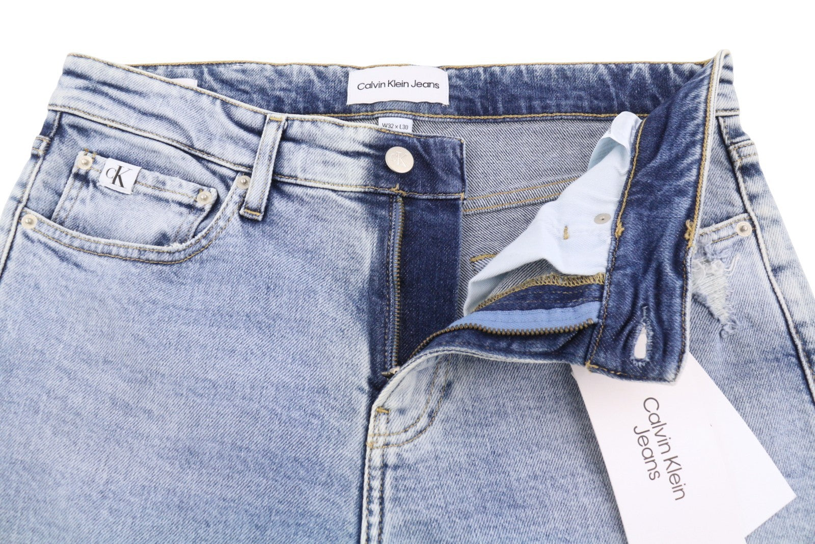 CALVIN KLEIN Slim vyriški džinsai W32/L30 Blue Faded Whiskers Distress Ripped Denim