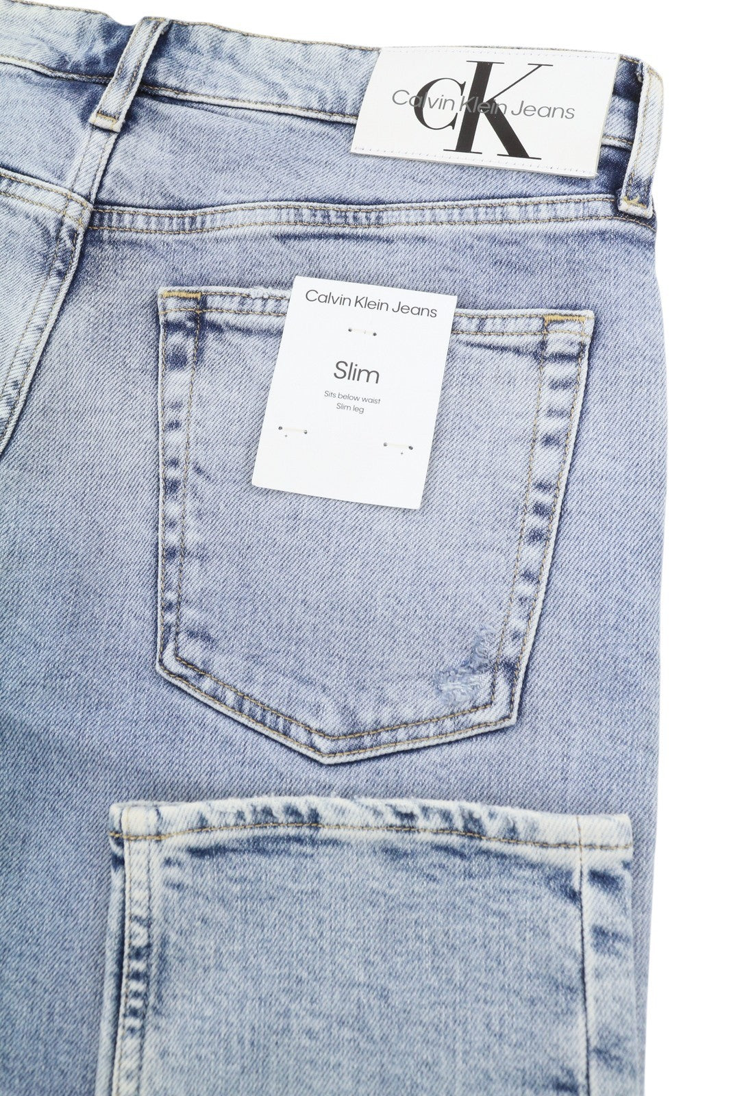 CALVIN KLEIN Slim vyriški džinsai W32/L30 Blue Faded Whiskers Distress Ripped Denim
