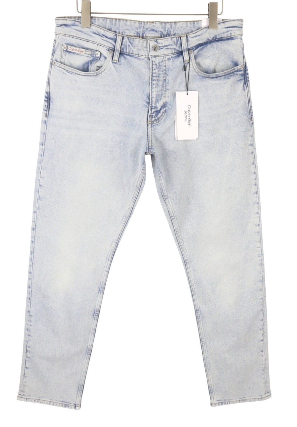 CALVIN KLEIN Slim Straight Men Jeans W34/L32 Blue Faded Whiskers Zip Fly Denim