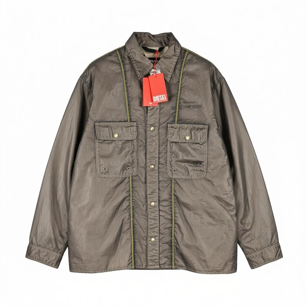 DIESEL S-U24 Men Jacket XL Shiny Snap Button Lined Lightweight Polo Neck RRP275