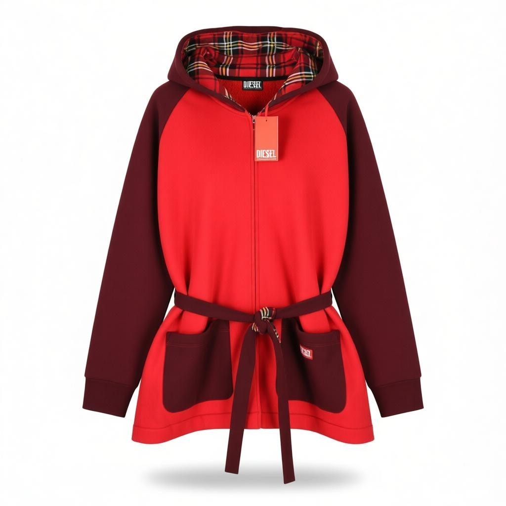 DIESEL Uudg-Jas-Homey Women Robe XL Fleece Hooded Unisex Belted with Pockets