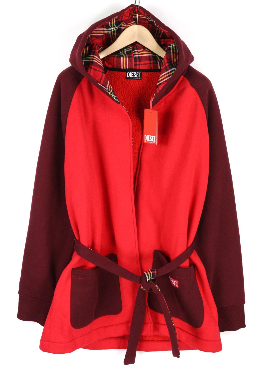 DIESEL Uudg-Jas-Homey Women Robe XL Fleece Hooded Unisex Belted with Pockets