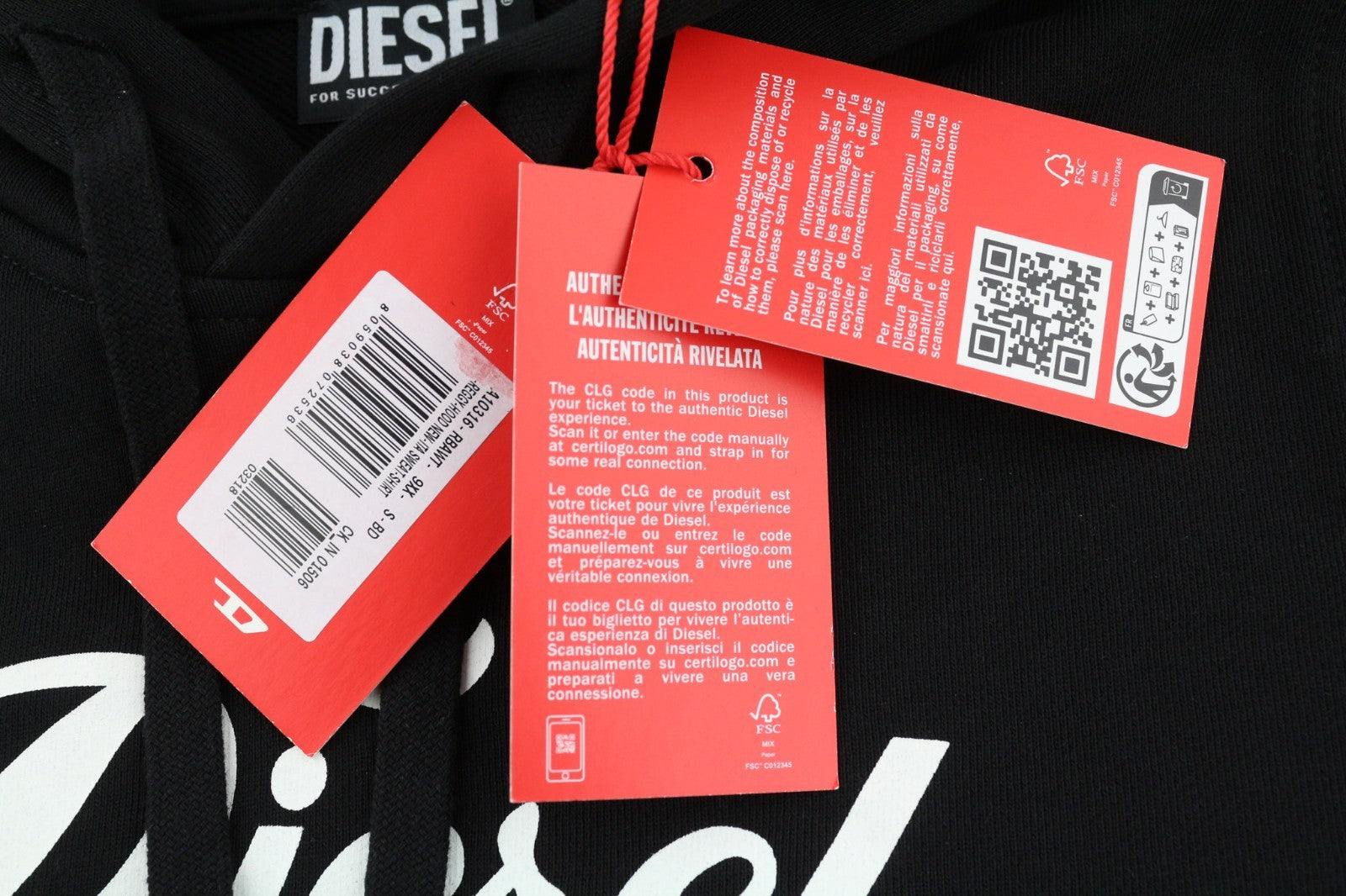 DIESEL F-Reggy-Hood Women Hoodie S Black Pull On Logo Straps Long Sleeve RRP175