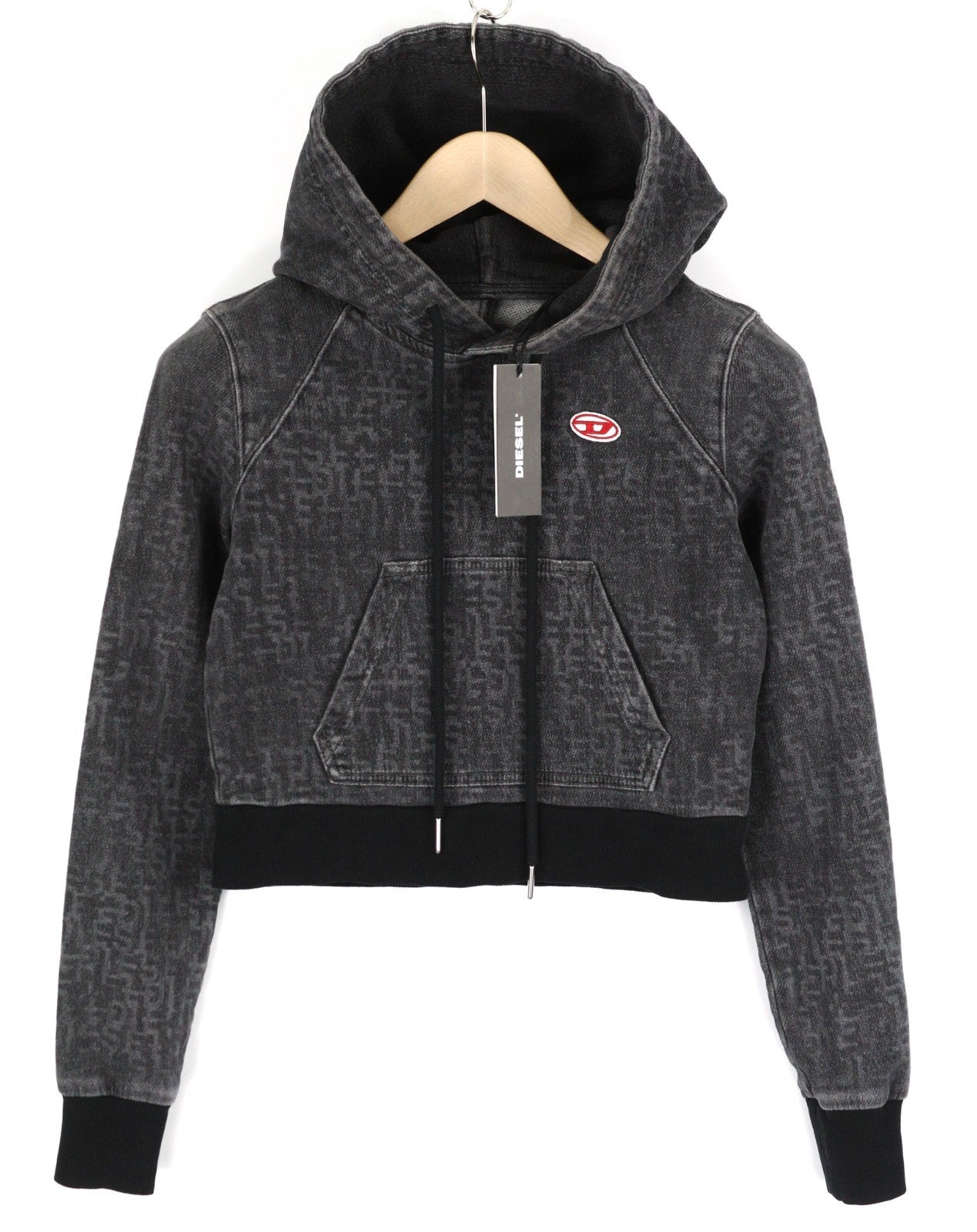 DIESEL D-Angy-Hood Women Hoodie S Grey Washed Cropped Pullover Kangaroo RRP300