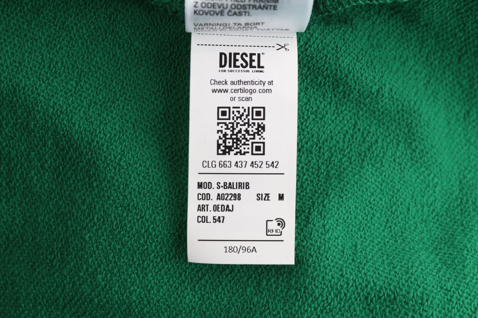 DIESEL S-Balirib Men Hoodie M Green Pullover Kangaroo Strap Long Sleeve RRP175