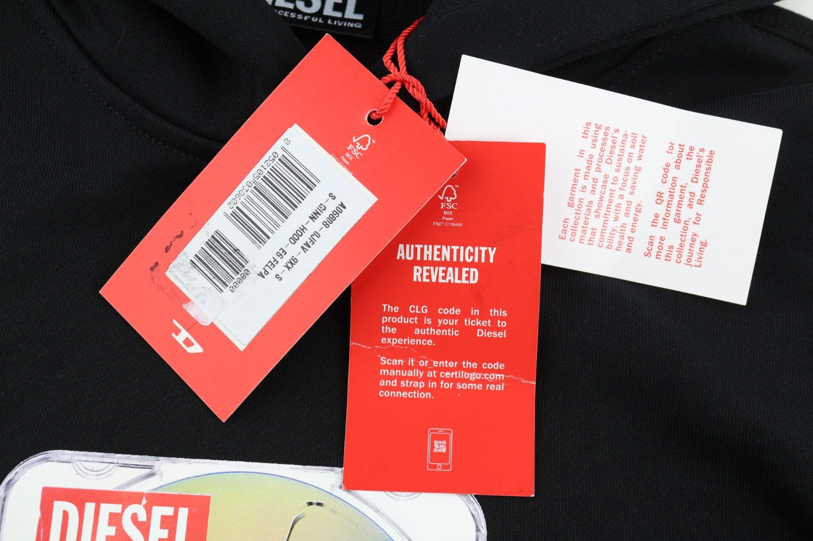 DIESEL S-Ginn-Hood-E6 Men Hoodie S Black Pullover Logo Straps Long Sleeve RRP175