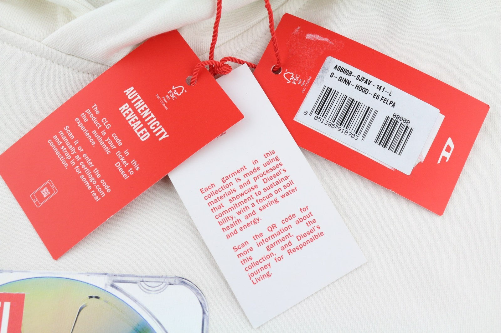 DIESEL S-Ginn-Hood-E6 Men Hoodie L Beige Pullover Logo Straps Long Sleeve RRP175