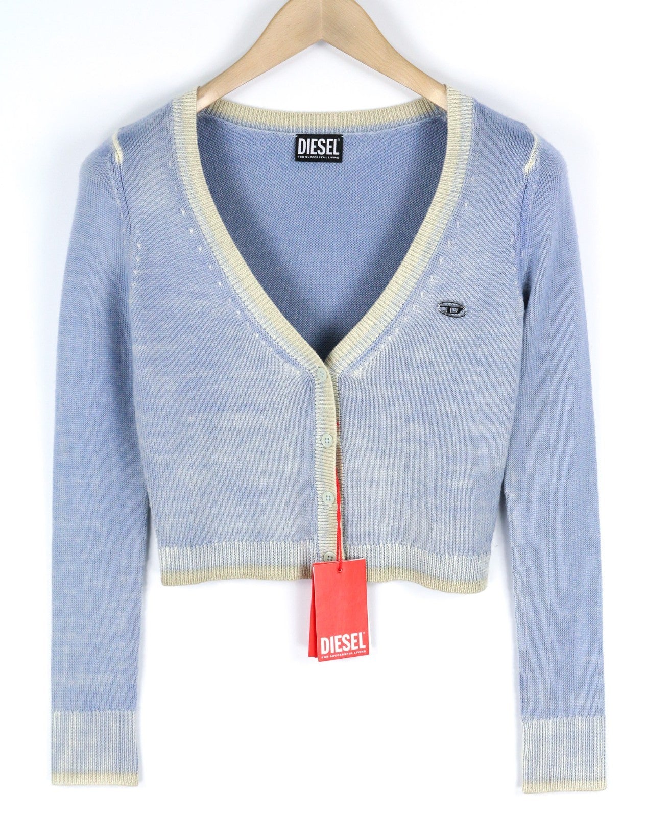 DIESEL M-Arika Women Jumper L Light Blue Washed Wool Knit Cardigan Button RRP30