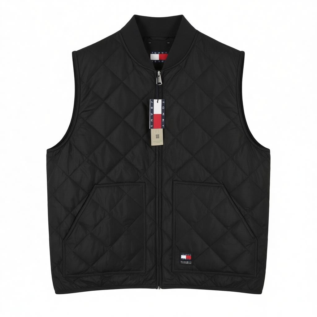 TOMMY HILFIGER Reg Entry Men Waistcoat XL Black Quilted Bomber Neck Full Zip