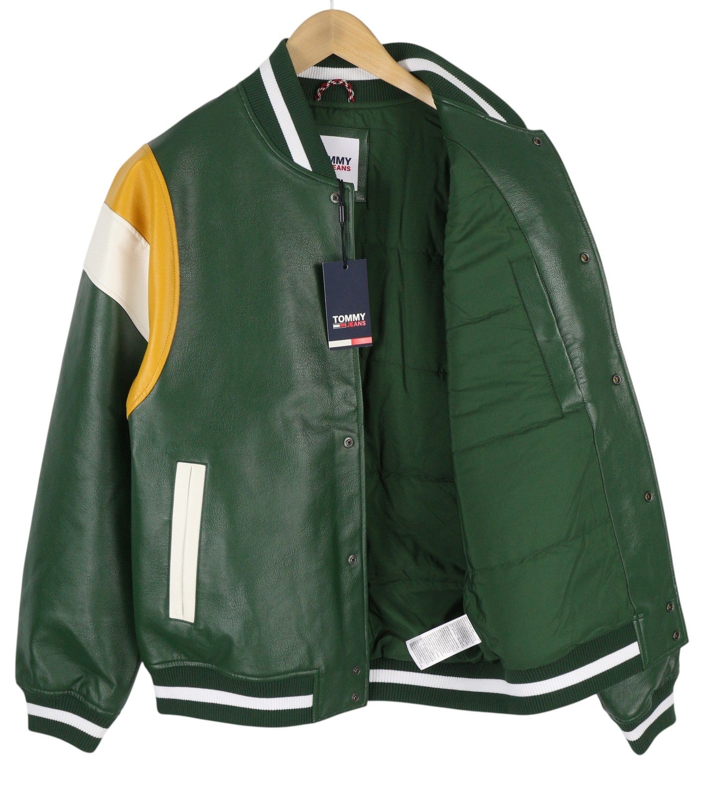 TOMMY HILFIGER RLX Faux Leather Men Jacket L Green Snap Buttons Bomber RRP259