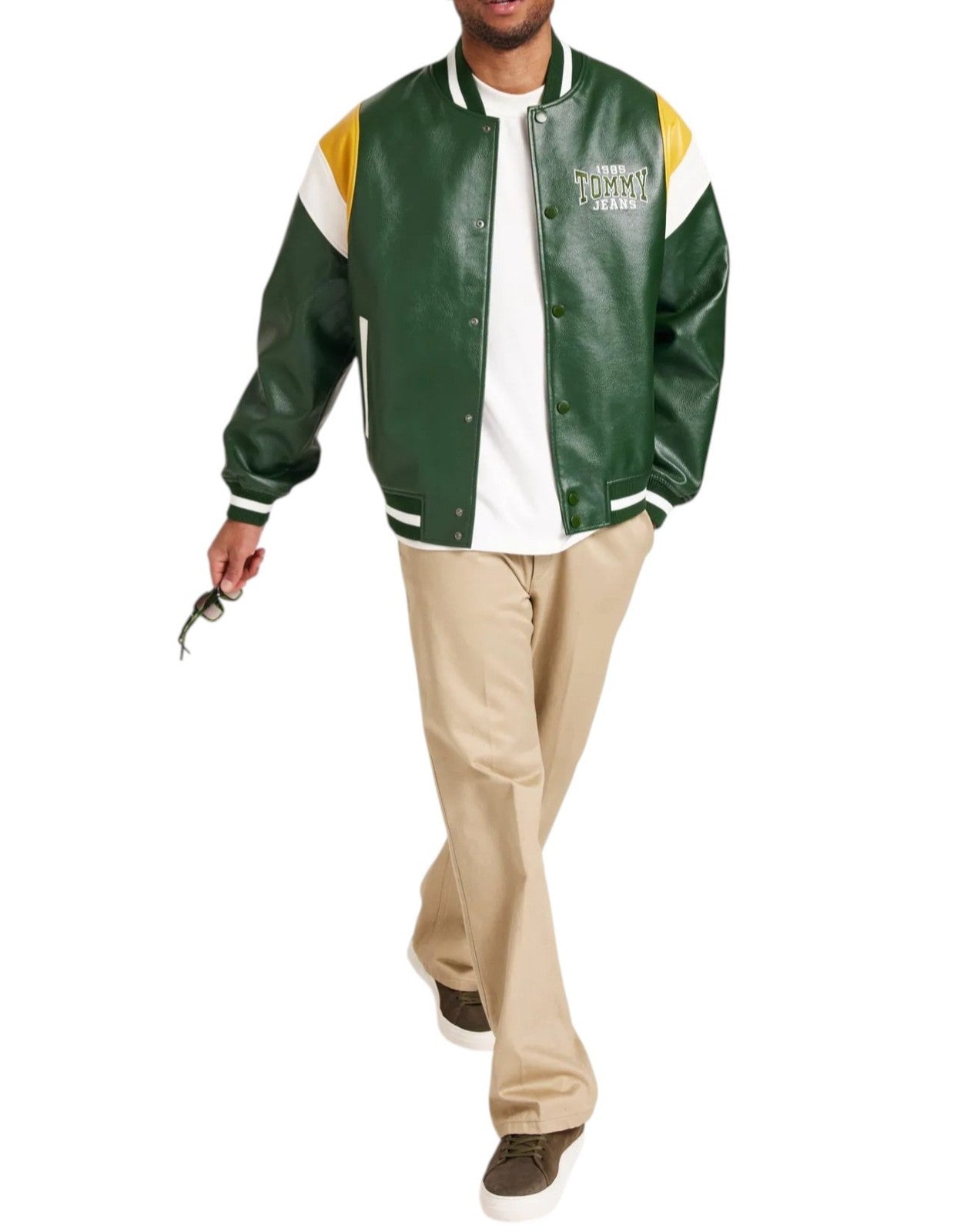 TOMMY HILFIGER RLX Faux Leather Men Jacket L Green Snap Buttons Bomber RRP259