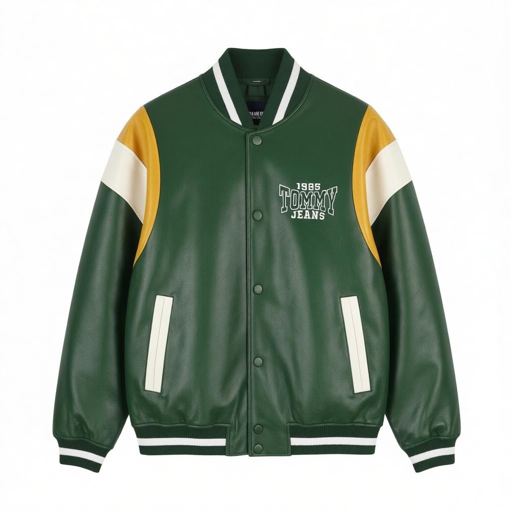 TOMMY HILFIGER RLX Faux Leather Men Jacket L Green Snap Buttons Bomber RRP259