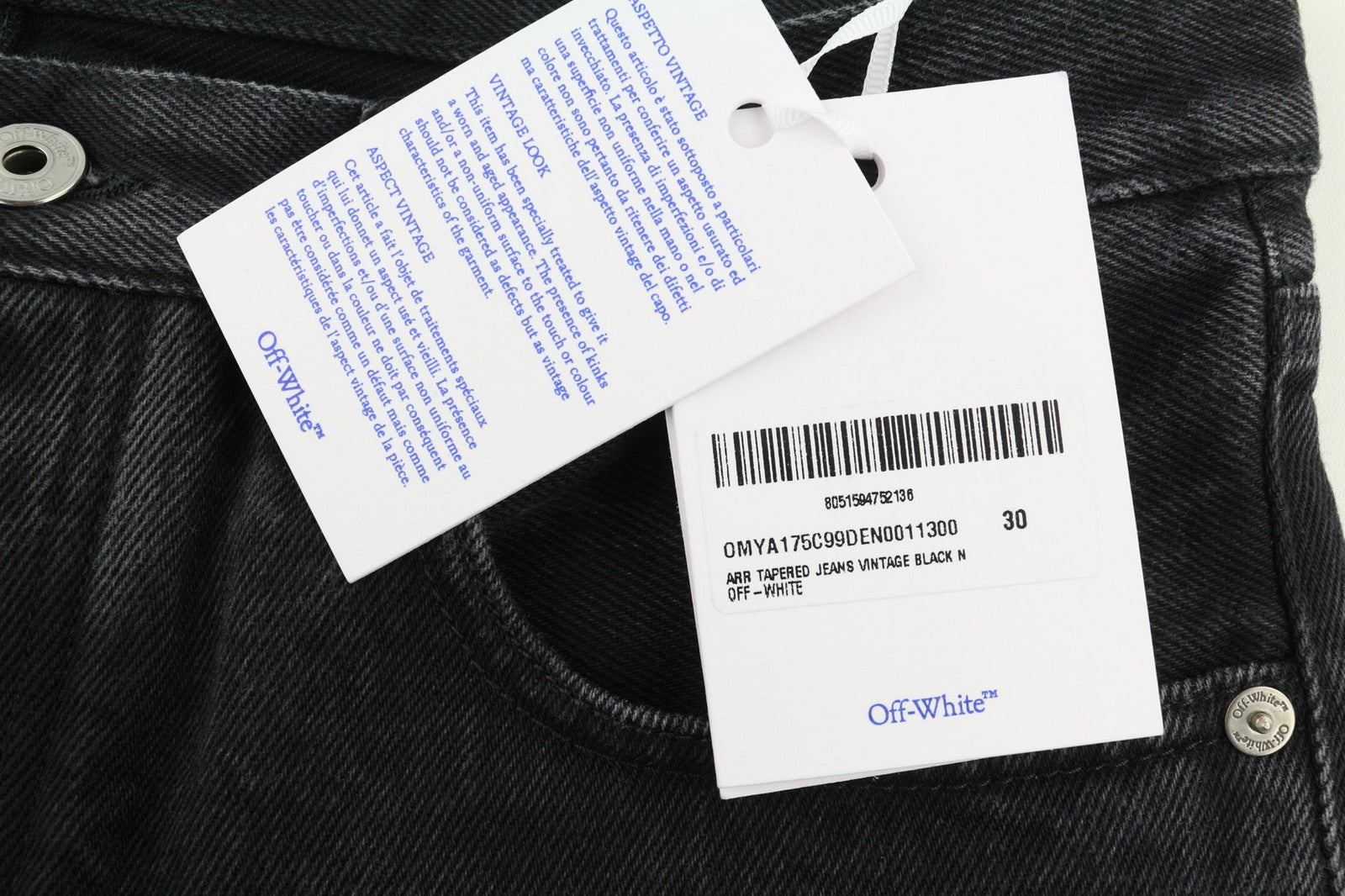 OFF-WHITE Men's Jeans W30 Vintage Black Tapered Pure Cotton Buttoned RRP475