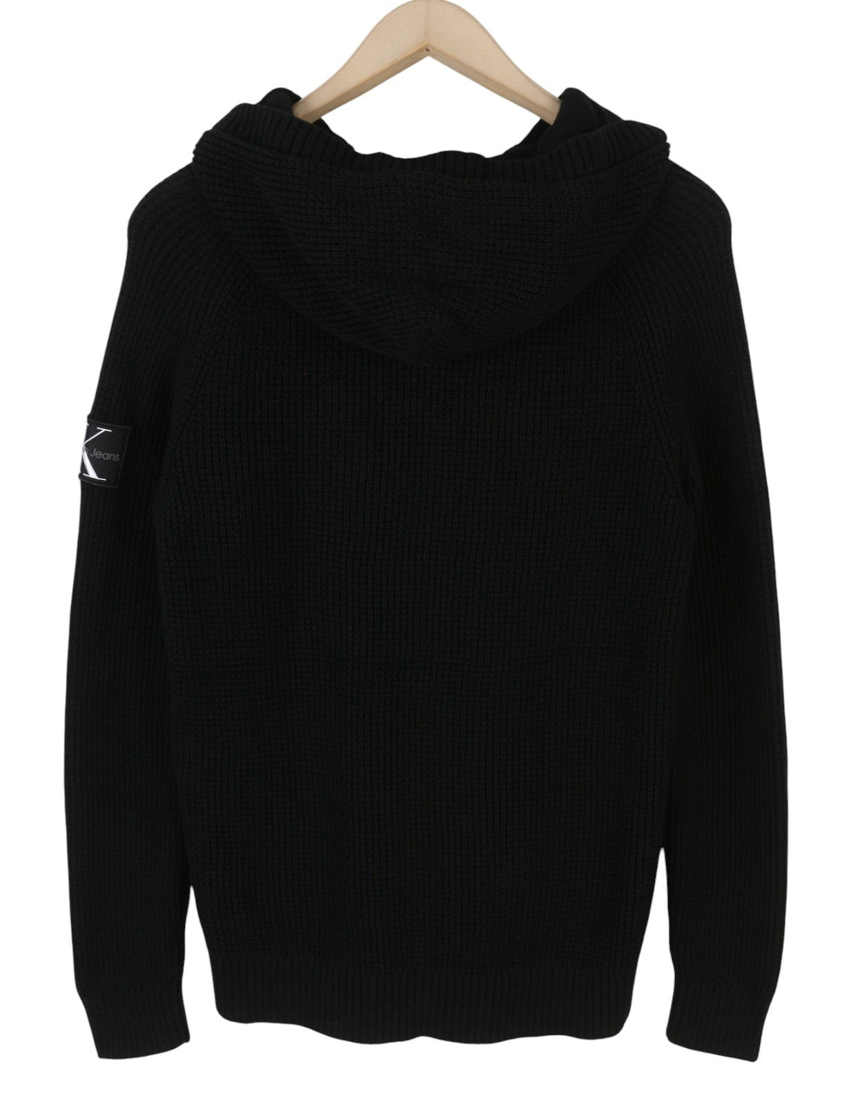 CALVIN KLEIN Men Jumper S Black Cotton Knit Hooded Stretch Logo Pullover