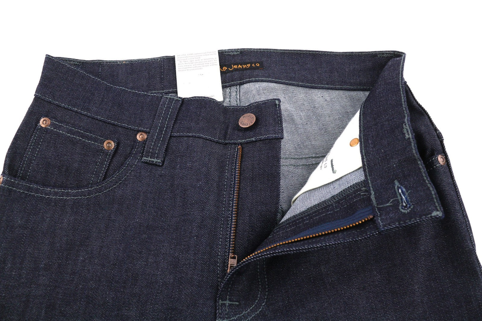 NUDIE JEANS Thin Finn Men's Jeans W30/L34 Organic Dark Dry Denim Zip Blue Logo