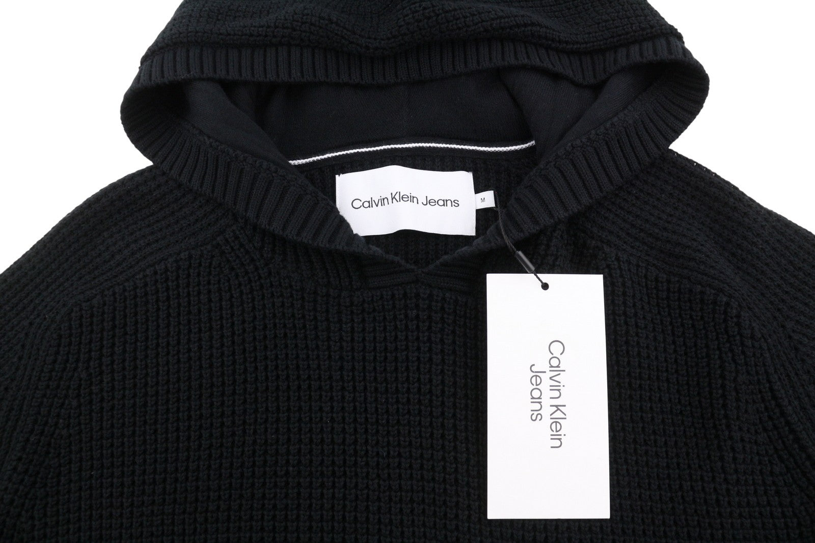 CALVIN KLEIN Men Jumper M Black Cotton Knit Hooded Stretch Logo Pullover