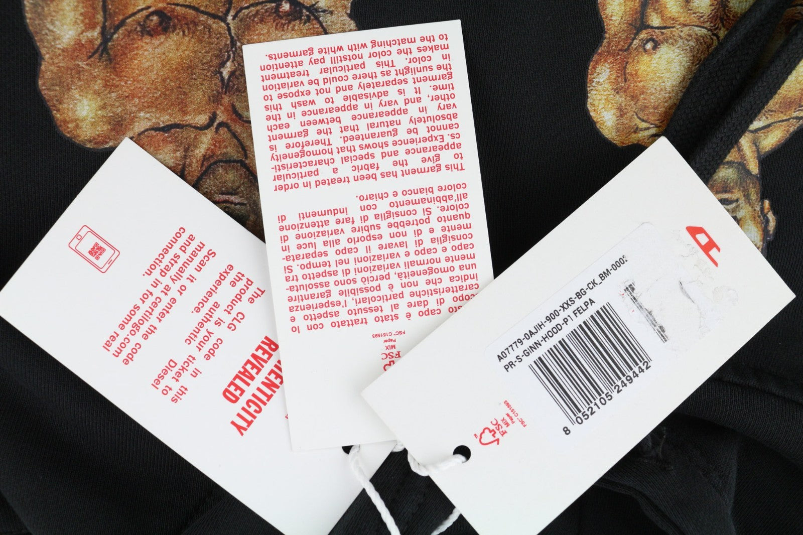 DIESEL Ginn-Hood-P1 Men's Unisex Hoodie 2XS Black Soft Pullover Kangaroo RRP195