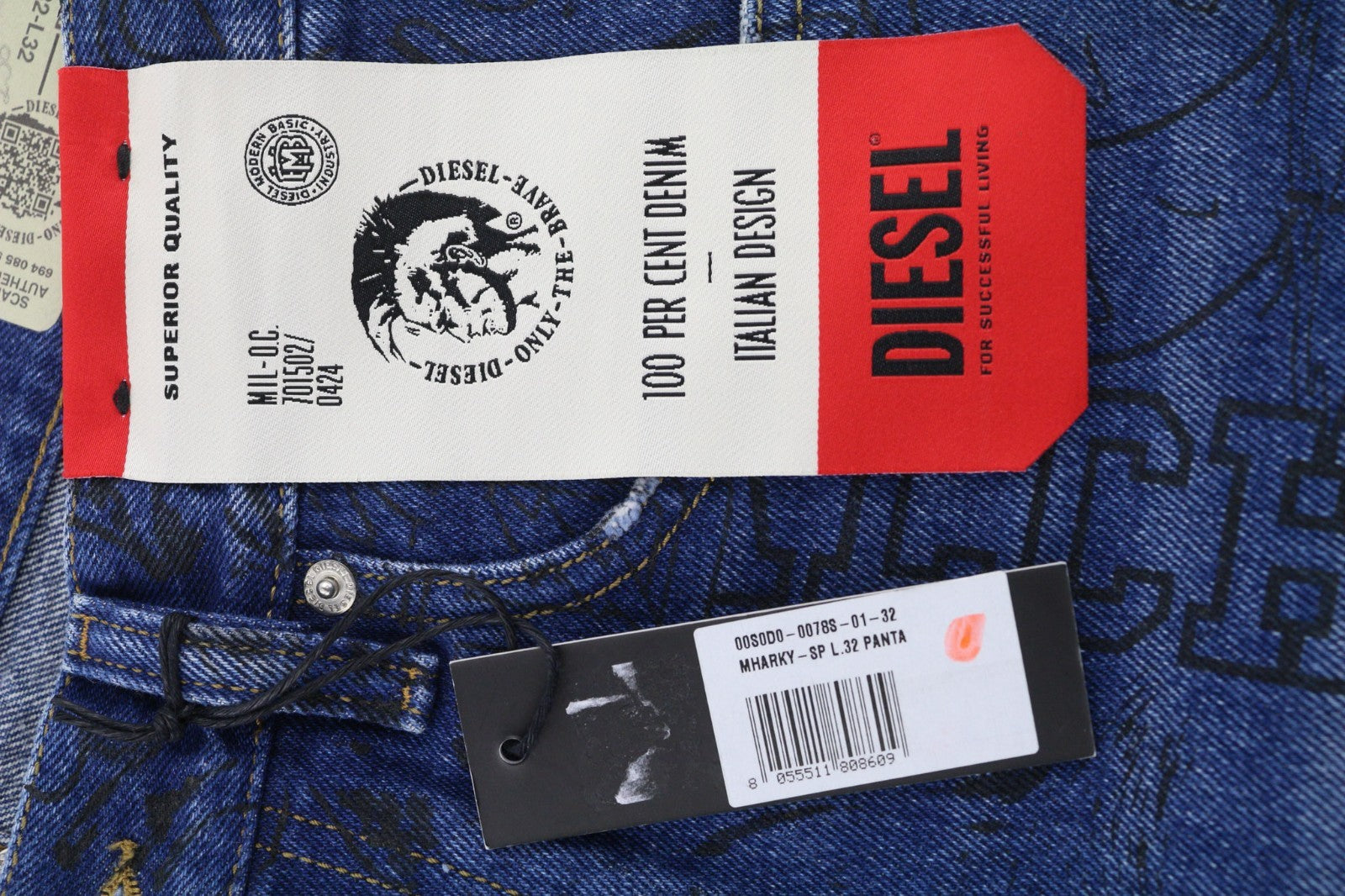 DIESEL Mharky-SP 0078S Men's Jeans W32/L32 Blue Skinny Pure Cotton Printed