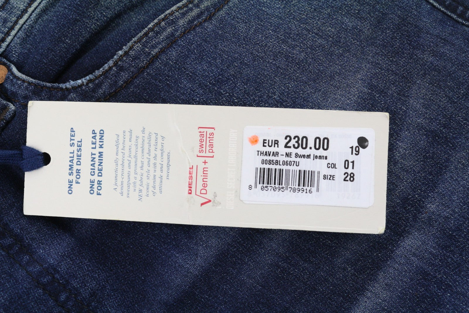 DIESEL Thavar-NE 0607U Men's Jeans W28 Blue Jogg Sweat Slim Ripped Washed