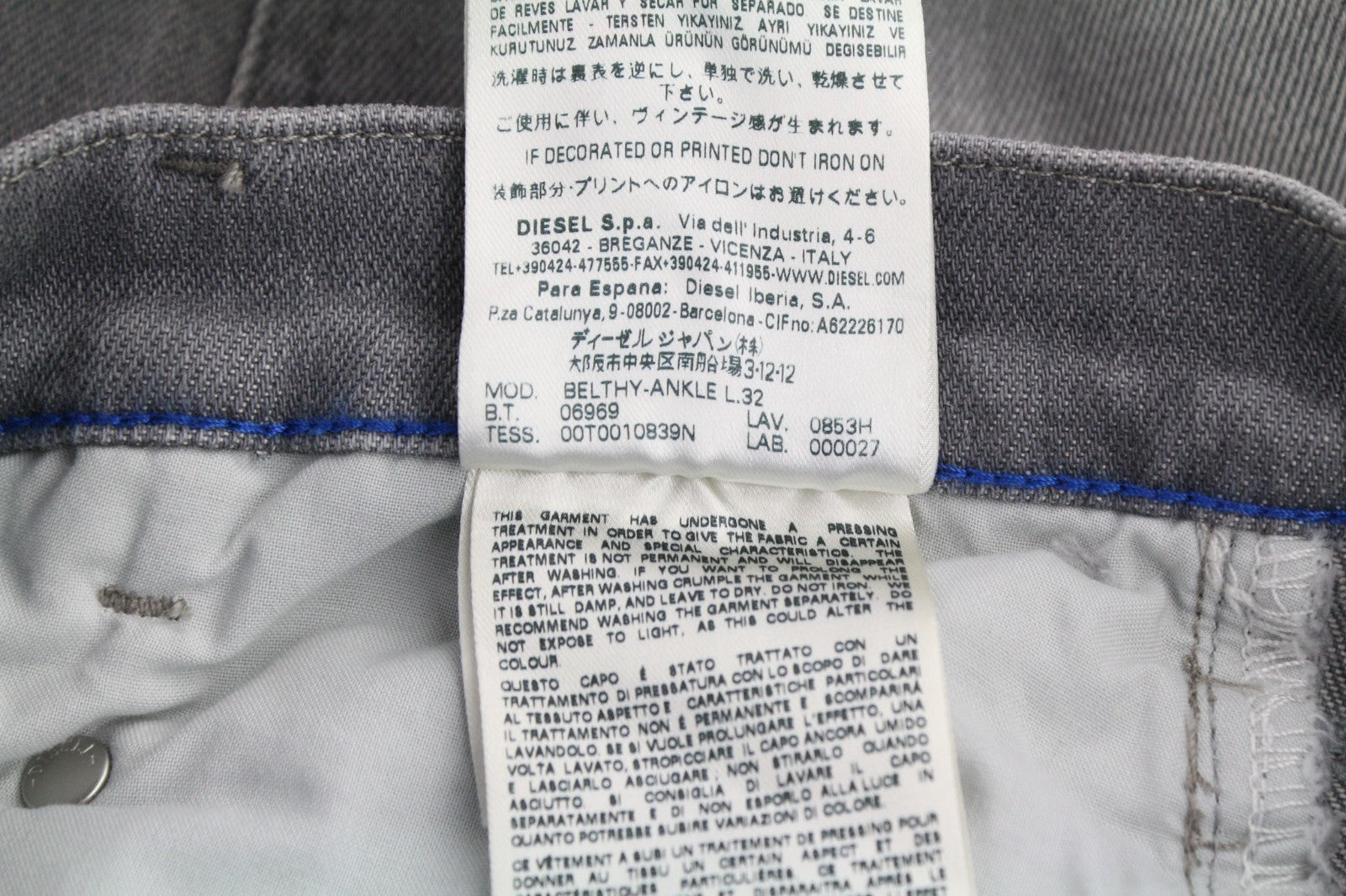 DIESEL Belthy-Ankle 0853H Women's Jeans W24/L32 Grey Slim Straight Washed