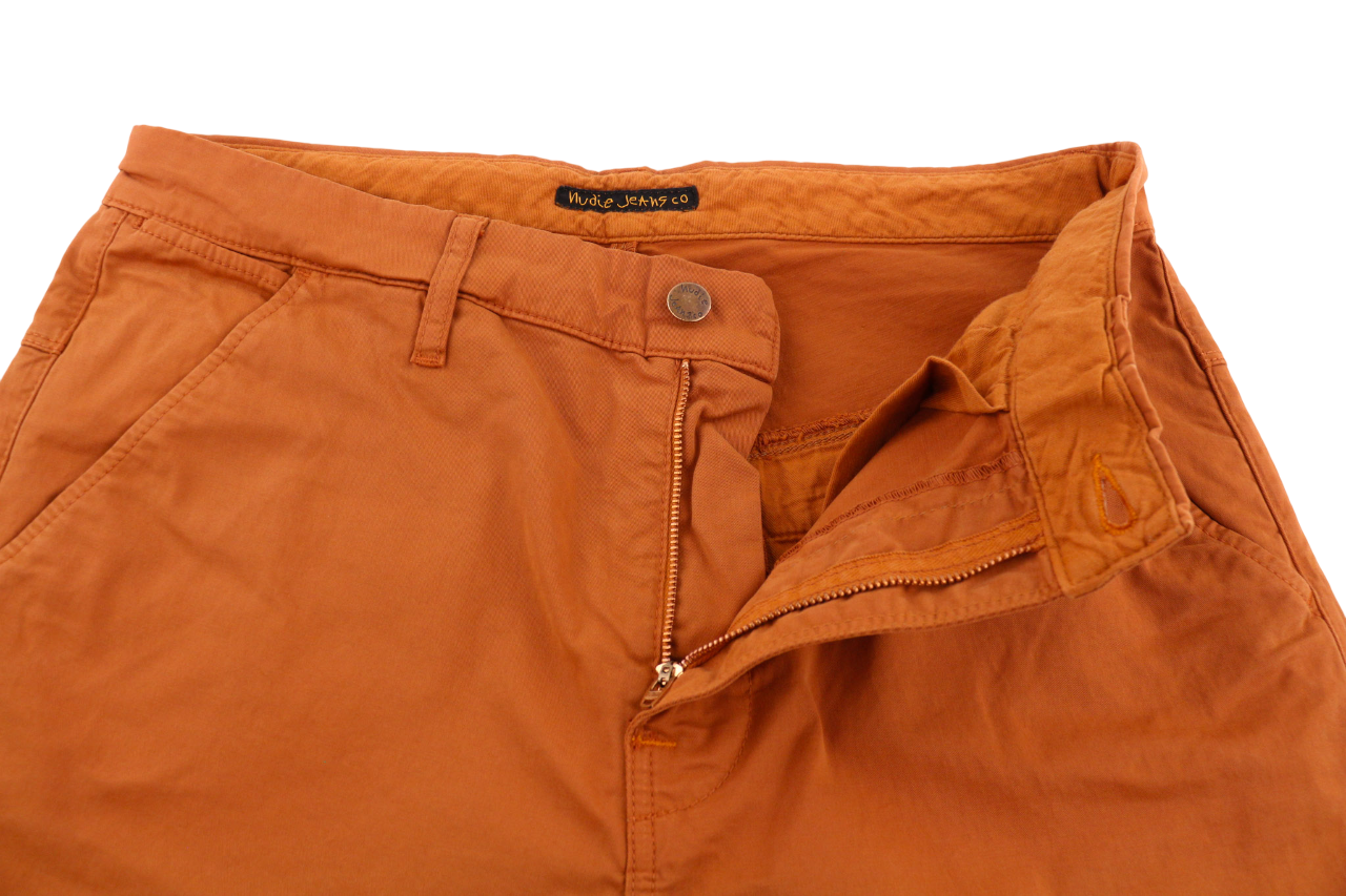 NUDIE JEANS Khaki Slim Men's W33/L32 Warm Orange Organic Chino Zip Fly Logo