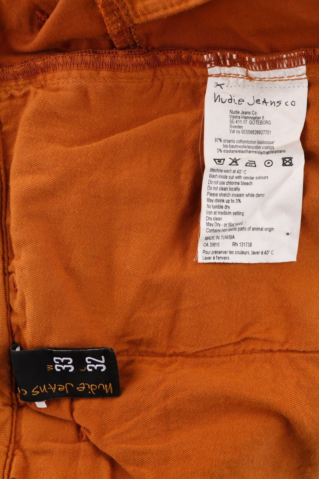 NUDIE JEANS Khaki Slim Men's W33/L32 Warm Orange Organic Chino Zip Fly Logo