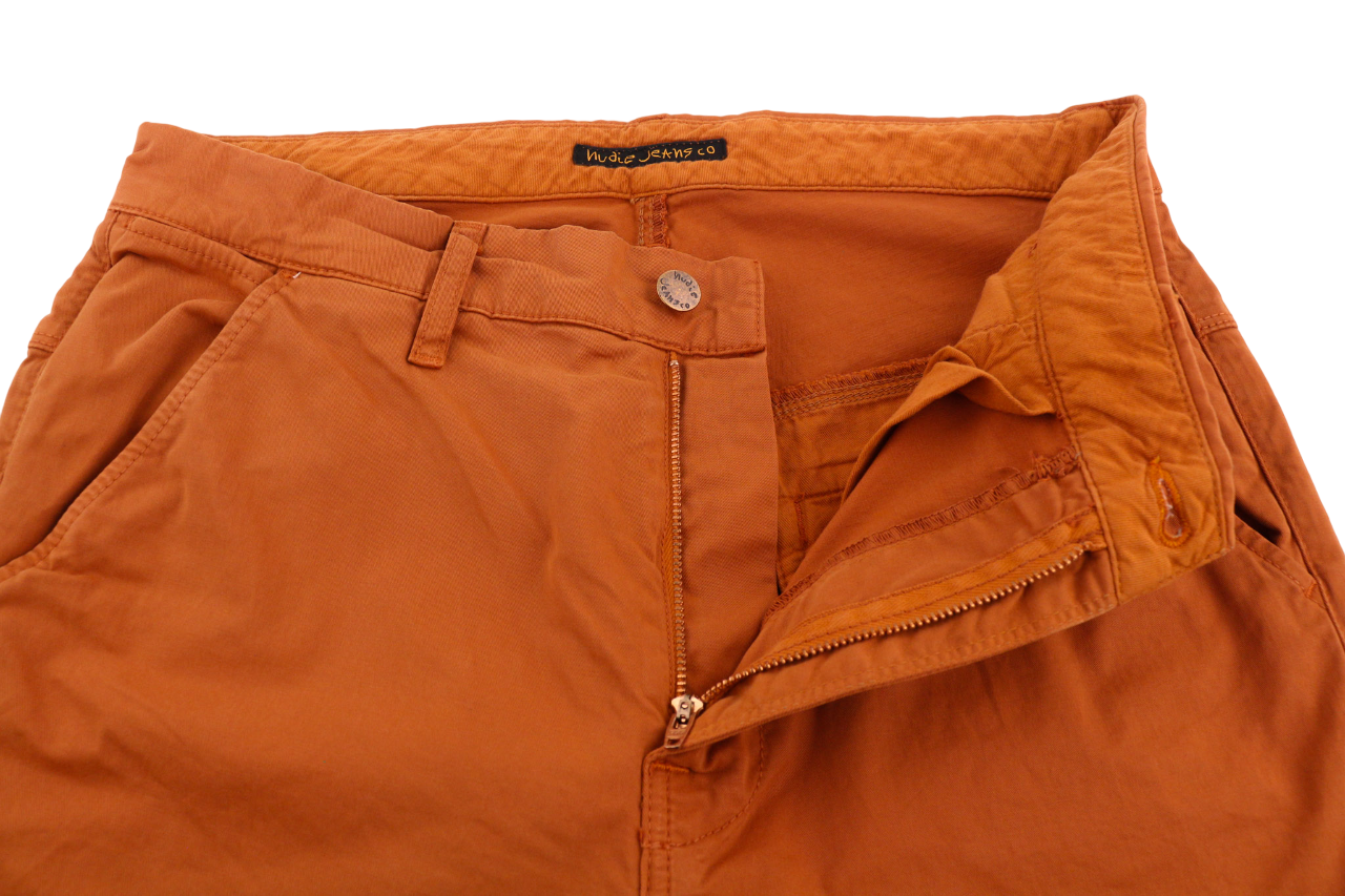 NUDIE JEANS Khaki Slim Men's W31/L32 Organic Warm Orange Chino Zip Fly Logo