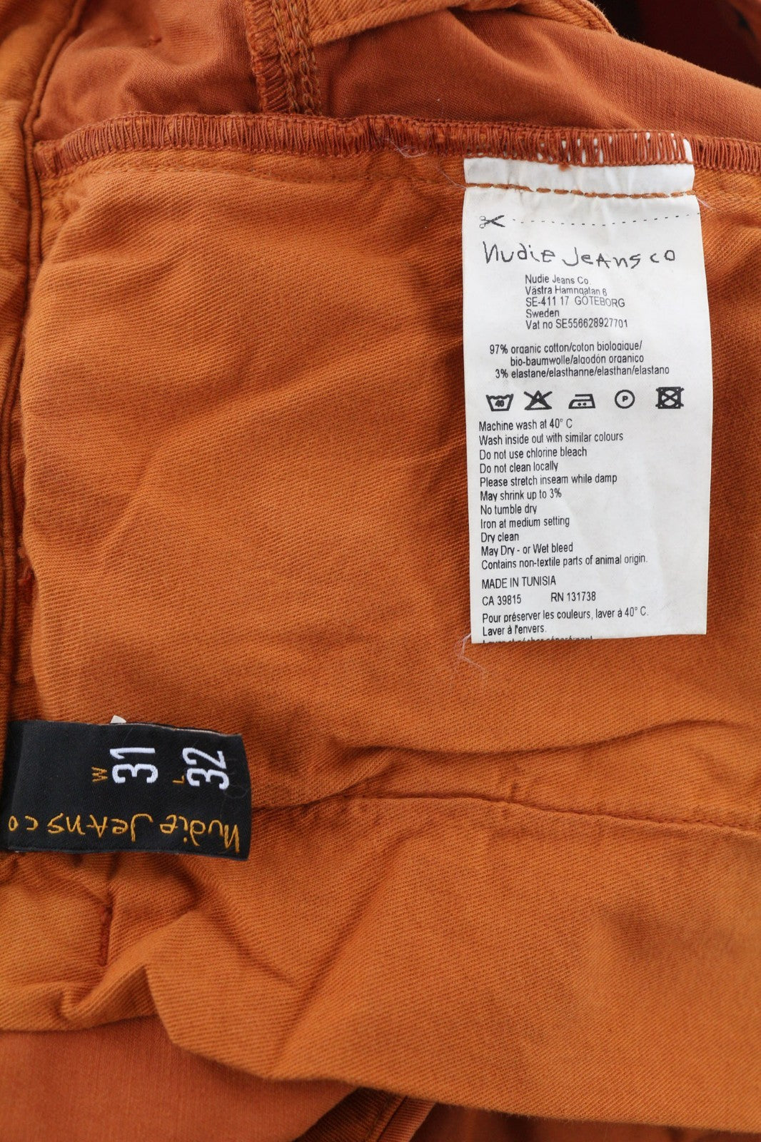 NUDIE JEANS Khaki Slim Men's W31/L32 Organic Warm Orange Chino Zip Fly Logo