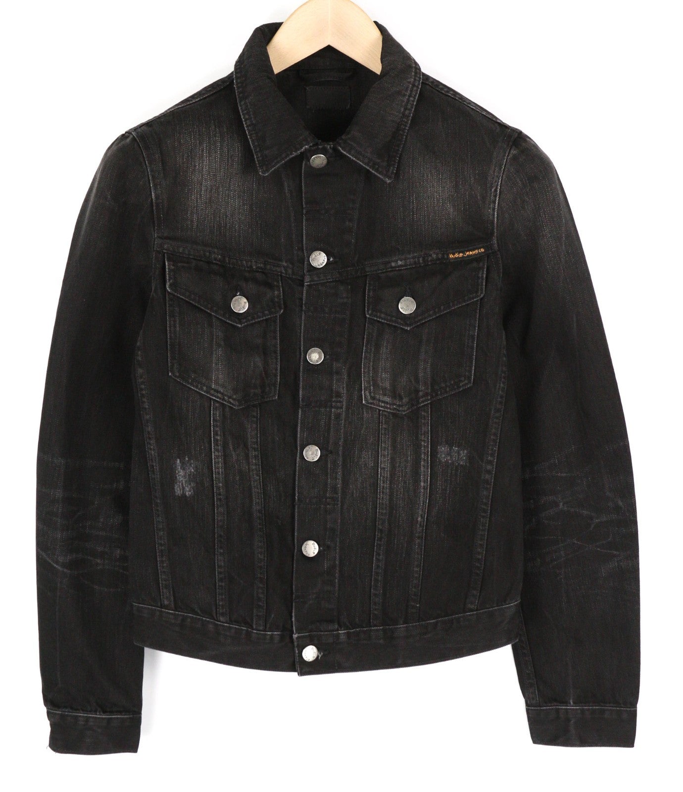 NUDIE JEANS Billy Men's Jacket XS Black Lotus Organic Polo Collar Washed Denim