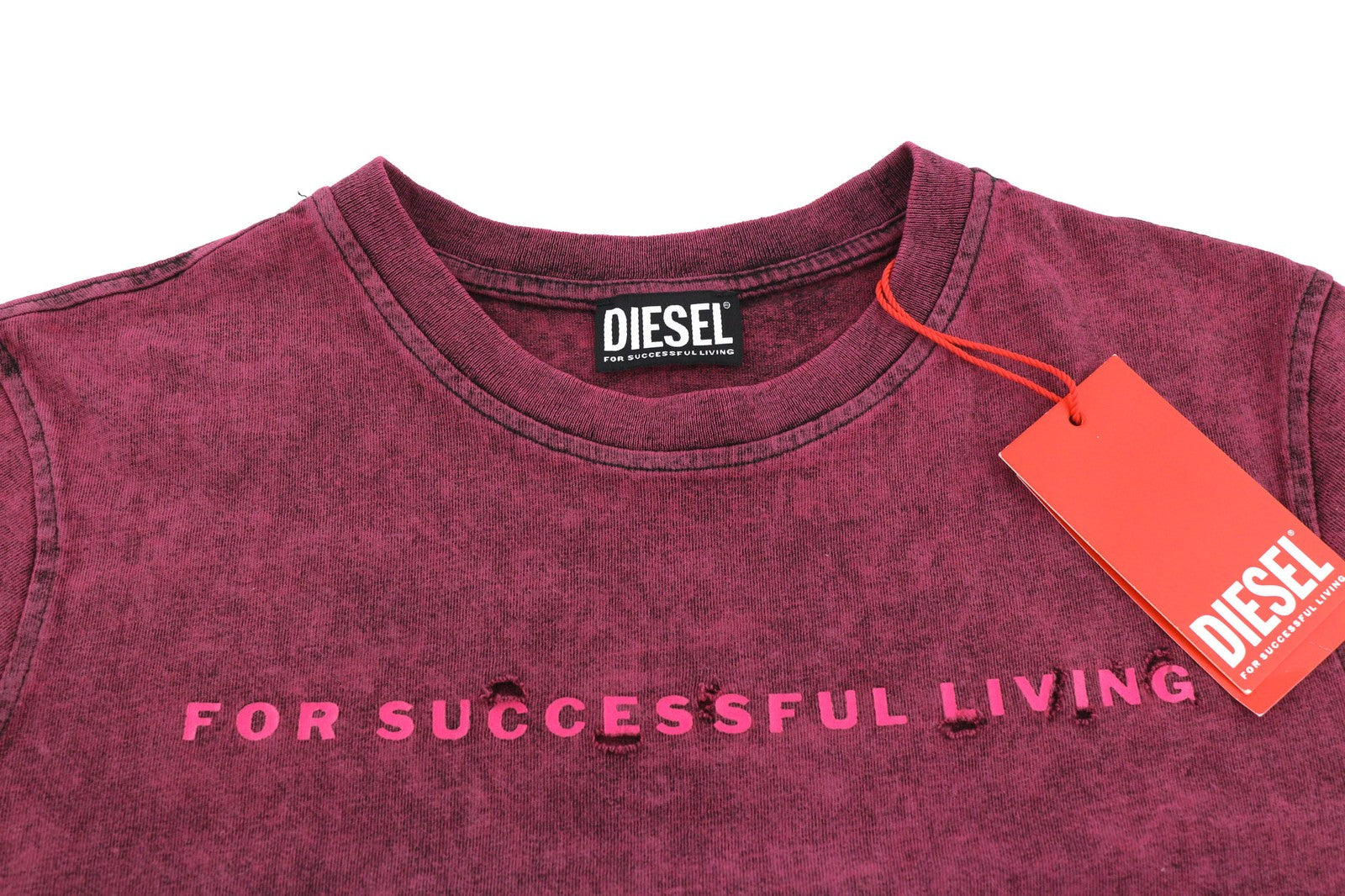 DIESEL T-Reg-E4 Women's T-Shirt L Burgundy Crew Short Sleeve Soft Faded RRP125