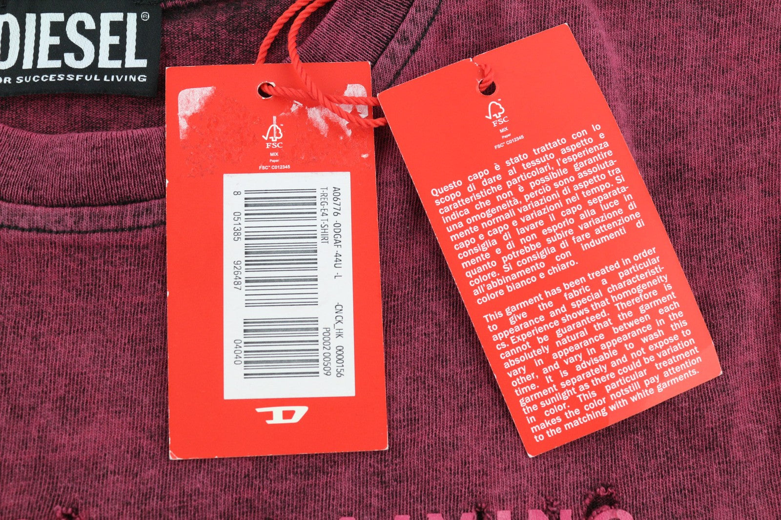 DIESEL T-Reg-E4 Women's T-Shirt L Burgundy Crew Short Sleeve Soft Faded RRP125