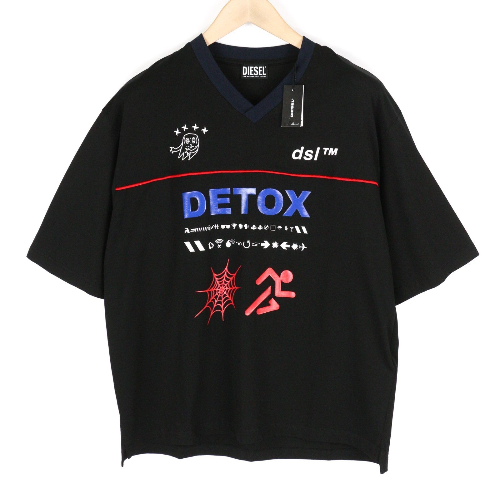 DIESEL T-Delphivy-Slits Men T-Shirt S Black Oversize V-Neck Short Sleeve RRP100