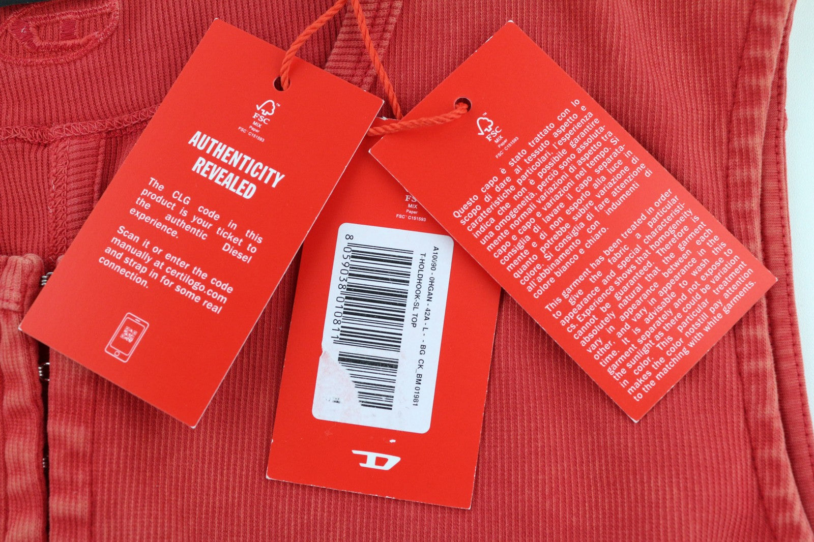 DIESEL T-Holdhook-SL Women's T-Shirt L Red Sleeveless Crew Hook Eye Closure