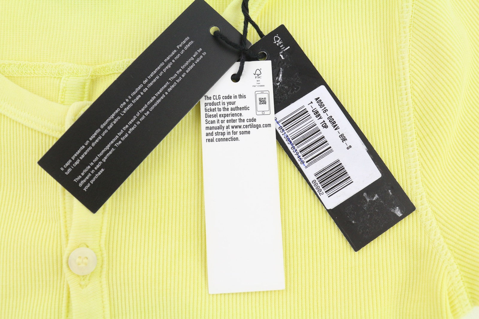 DIESEL T-Holdy Women's T-Shirt S Yellow Crew Short Sleeve Button Logo RRP300