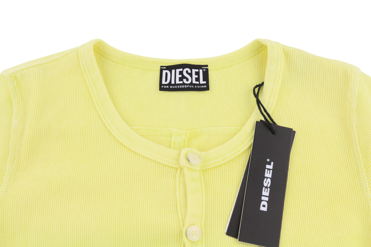 DIESEL T-Holdy Women's T-Shirt S Yellow Crew Short Sleeve Button Logo RRP300