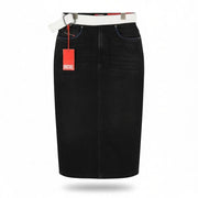 DIESEL De-Ronny-Sp Women's Skirt W26 Black Denim Washed Midi Belted Back Split