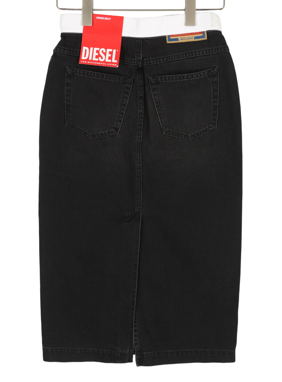 DIESEL De-Ronny-Sp Women's Skirt W26 Black Denim Washed Midi Belted Back Split