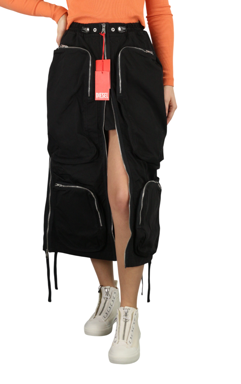 DIESEL O-Mirta-NL Women Skirt W25 Black Midi Elastic Waist Patch Pocket RRP275