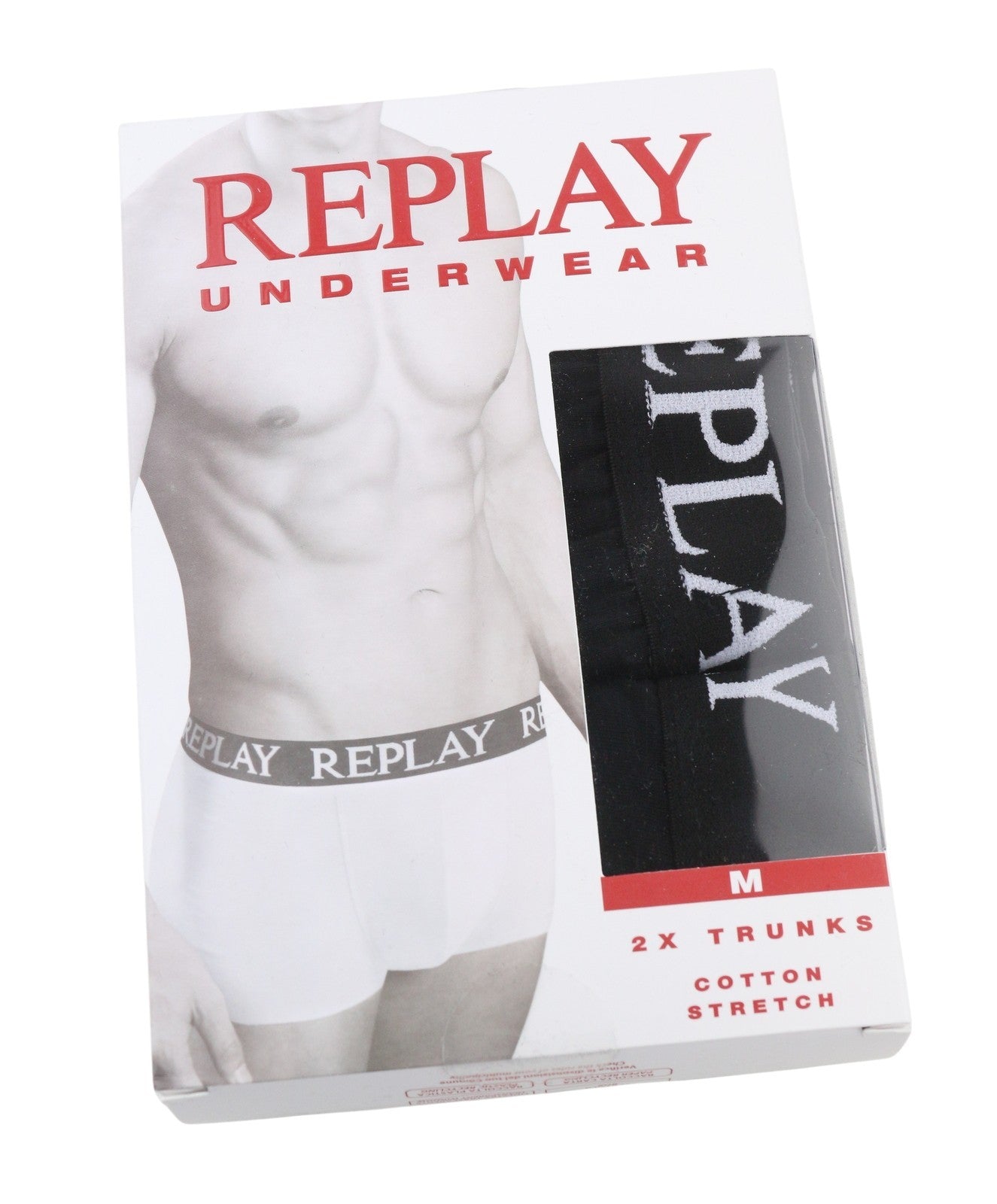 REPLAY Men Underwear M Black Elastic Waist Cotton Blend Stretch Trunks 2 Pack